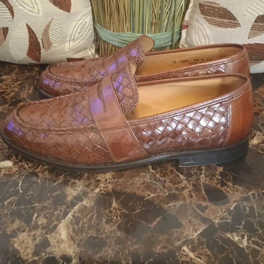Men's  Johnston & Murphy Woven Leather Cognac Penny Loafers - Size 9.5 M